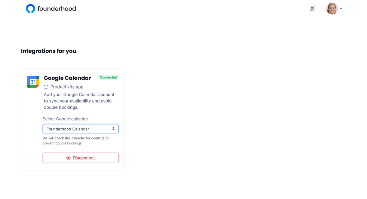 Selection of a specific Google Calendar to check expert's real-time availability with Founderhood image