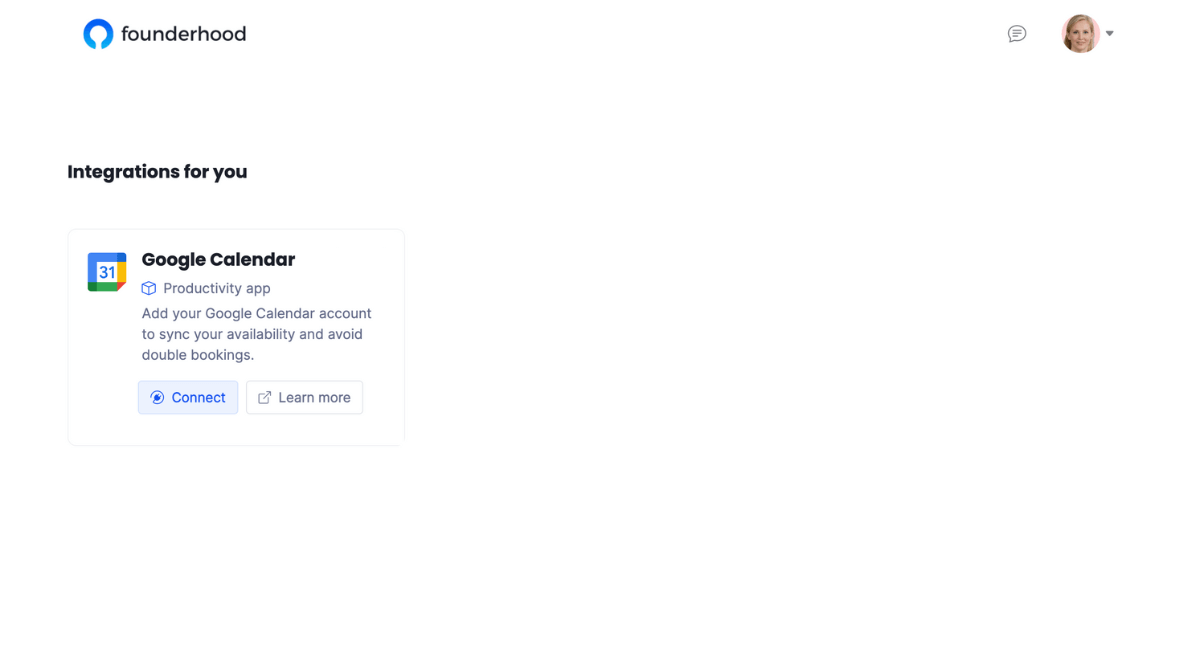 Google Calendar connect button at Founderhood's expert integrations page image