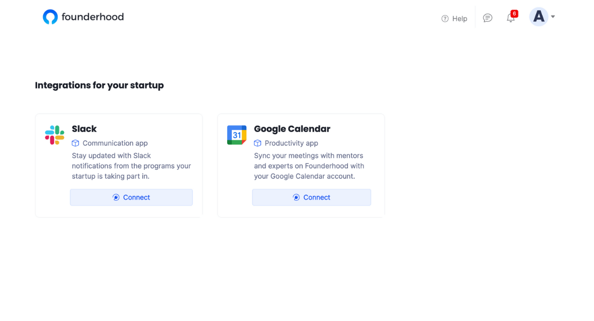 Google Calendar connect button at Founderhood's startup integrations page image