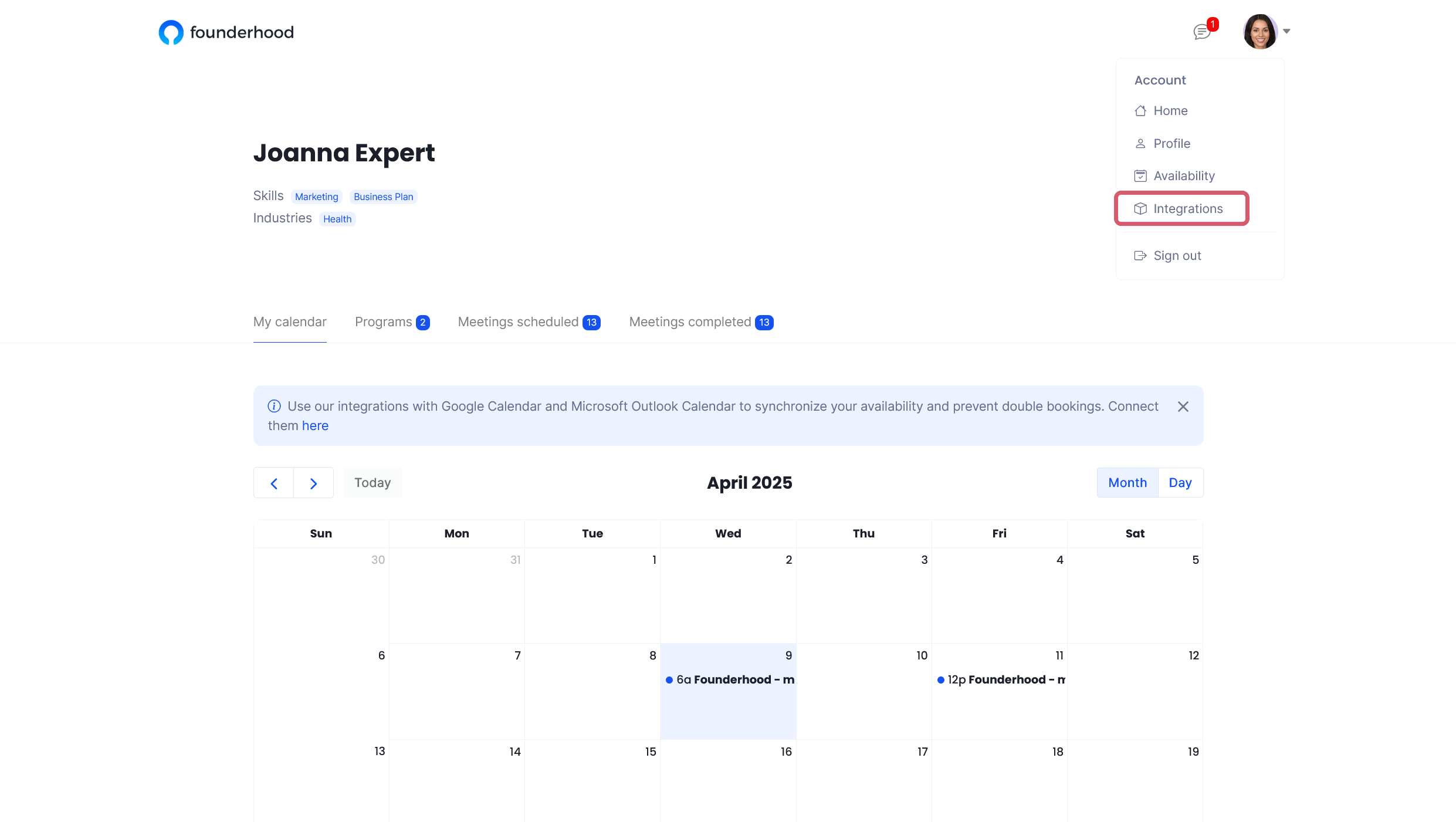 Expert’s account menu with link to the integrations page image