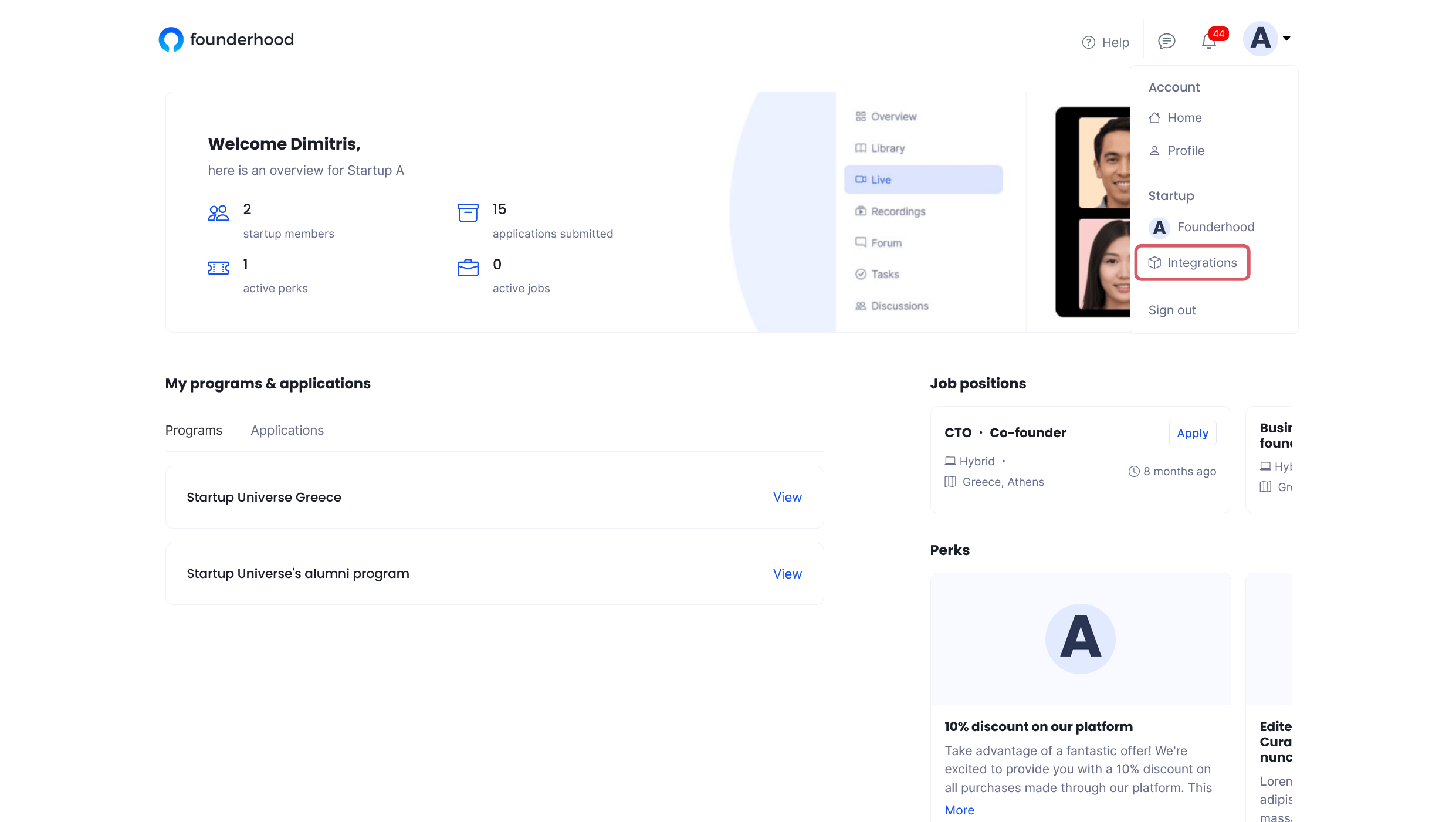 Startup menu with link to the integrations page image