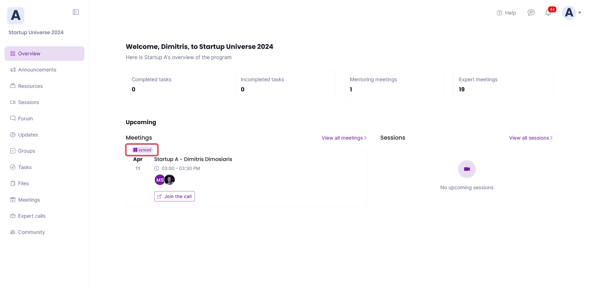 Synced label on the top left of meetings synced with Microsoft Outlook Calendar integration image