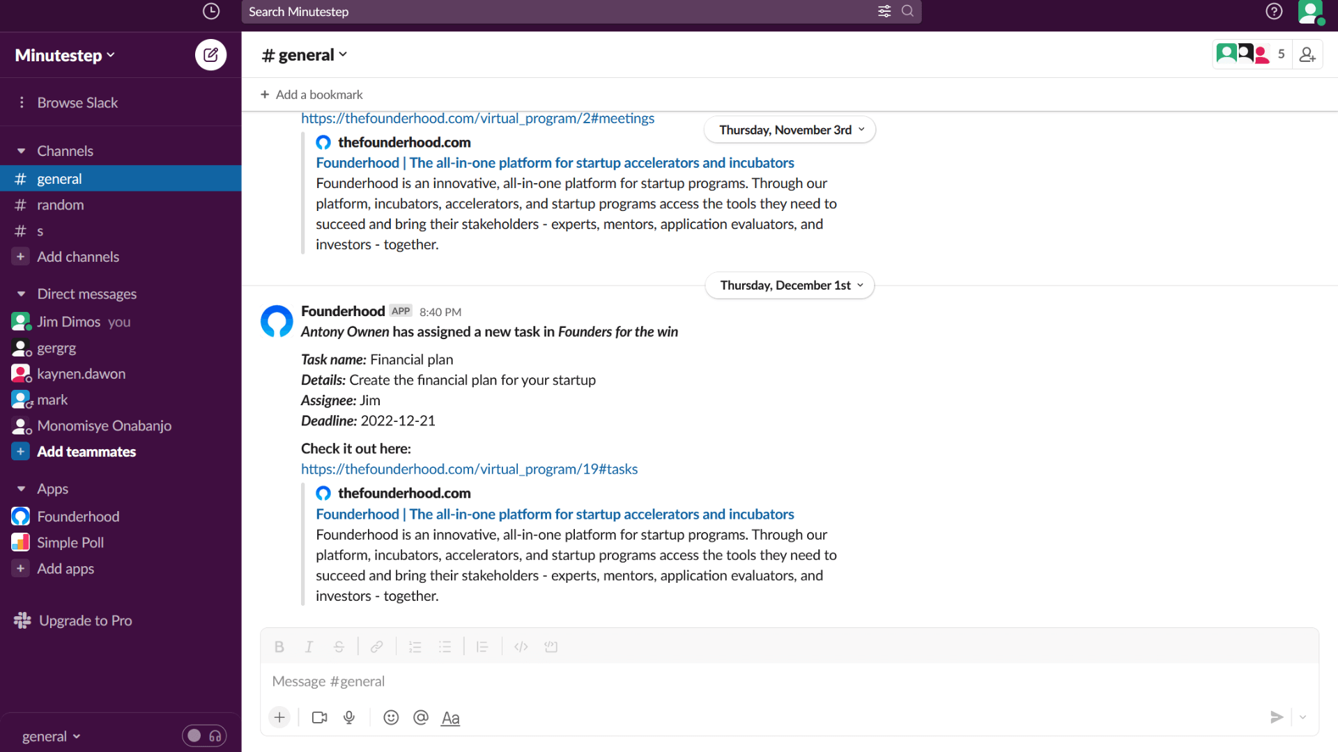 Slack notifications with Founderhood's task image